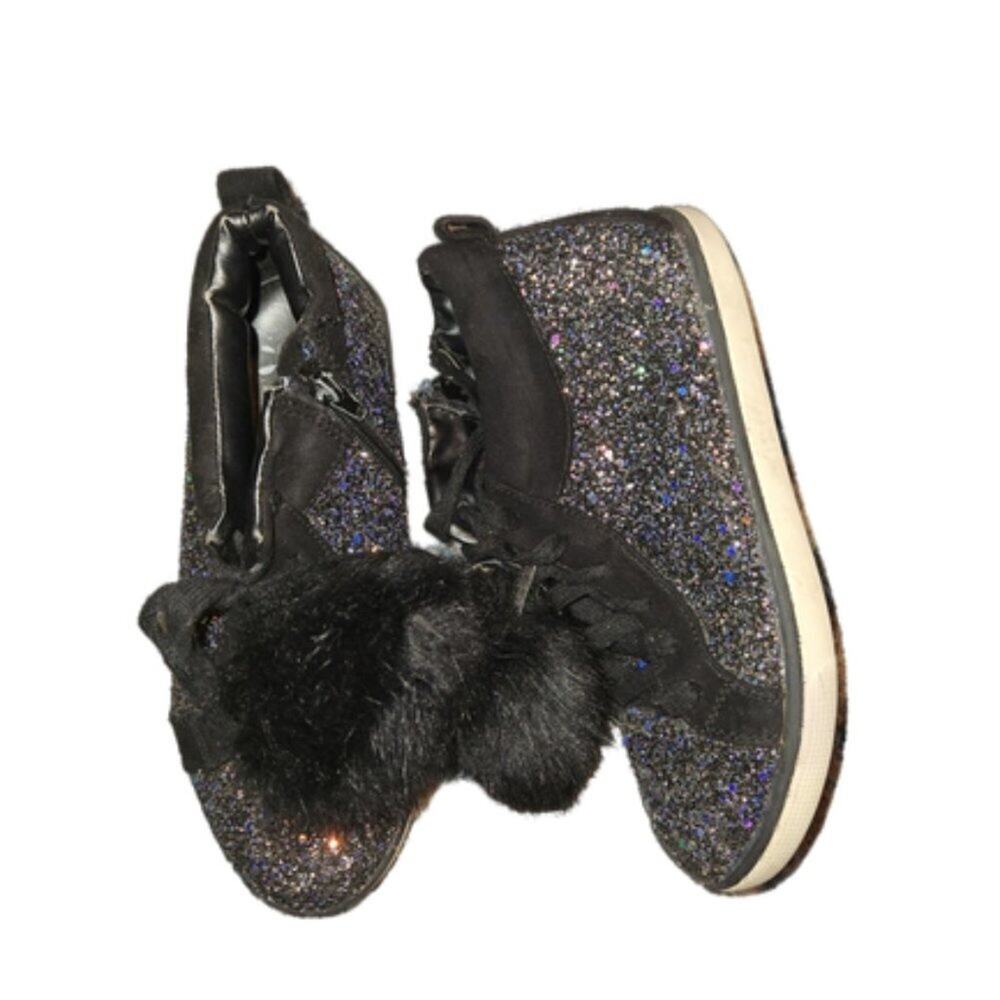 Justice Black Glittery Pompom Shoes || sz4